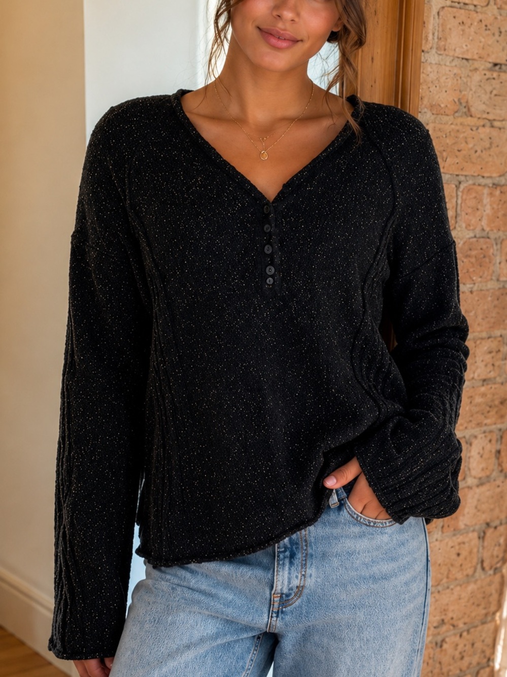 Maurices Black Speckle Henley Knit Top